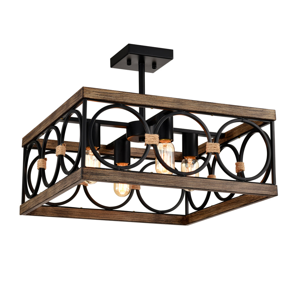 4-Light Square Kitchen Island Lights Ceiling Light Farmhouse Dining Room Light Fixture, Wood and Black Metal Rectangular Ceiling Light, Ceiling Lighting for Living Room,Conference Room, Home Office