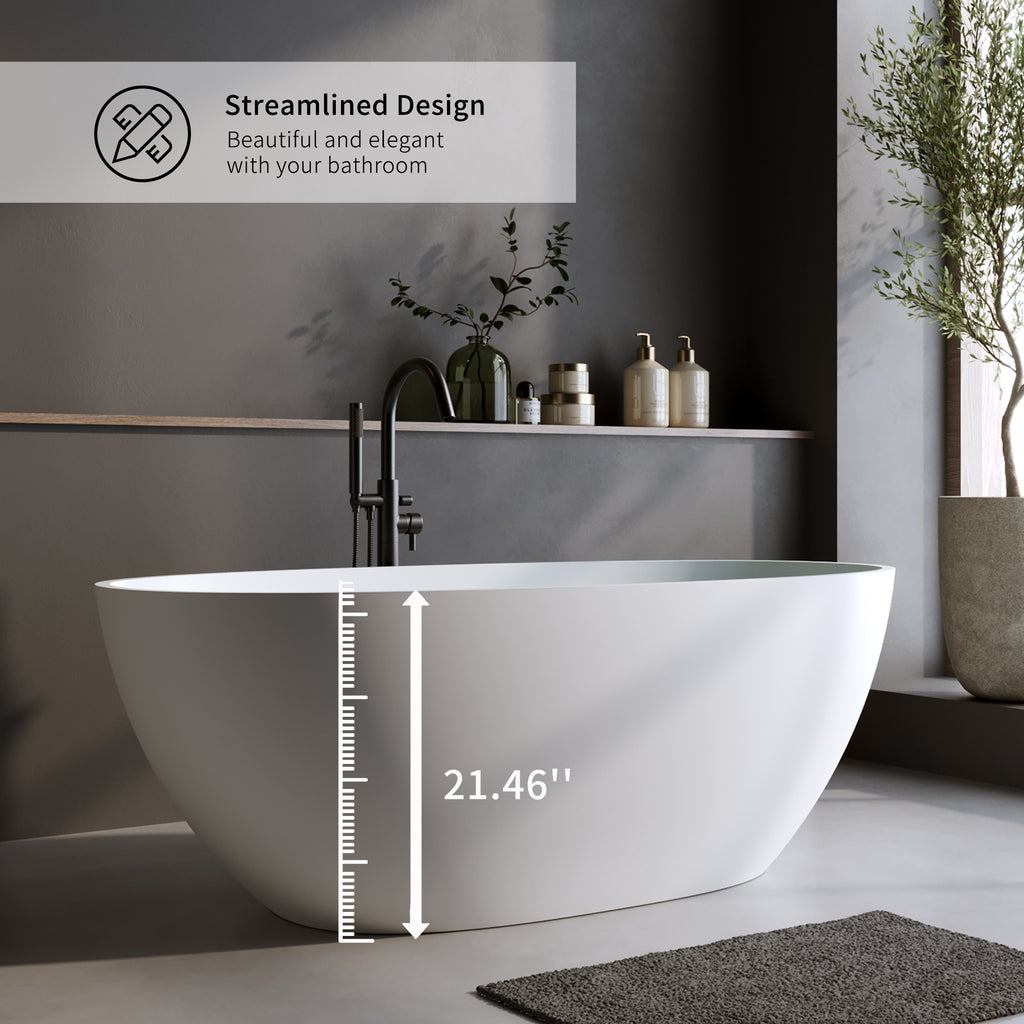 70.8″Solid Surface Matte Tub, Solid Surface Soaking Tub, Stone Resin Freestanding Bathtub, Thick Edge Stand Alone Tubs with Overflow, Pop-up Drain, Matte White (Oval)