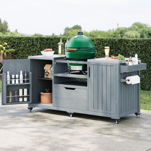 Load image into Gallery viewer, K&amp;K 66.5" Outdoor Kitchen Island for Big Green Egg Grills, Solid Wood Outdoor Grill Cart for Tabletop Grill with Stainless Steel Top, Drawer, Compatible with Large Big Green Egg, Kamado Joe- Grey Blue
