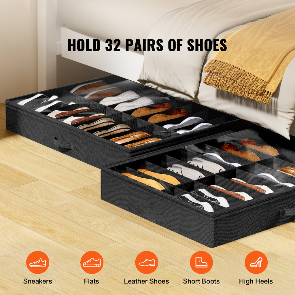 Sturdy Under Bed Shoe Storage Organizer, Set of 2, 32 Compartments, Underbed Shoes Closet Storage Solution with Clear Window, Breathable, L31.5"x W23.6"x H5.9", Black