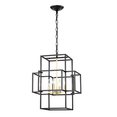 4-Light Metal Lantern Tiered Pendant Hanging Light Fixtures, Industrial Farmhouse Adjustable Height  Chandeliers for Dining Room Hallway Foyer Entryway--Matte Black & Gold (E12 Bulbs Not Included)