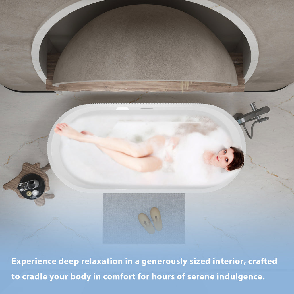 59"Linear AcrylicFreestanding Bathtub Stand Alone Soaker Tub, Glossy White Acrylic, POP-UP Chrome Drain, cUPC Certified