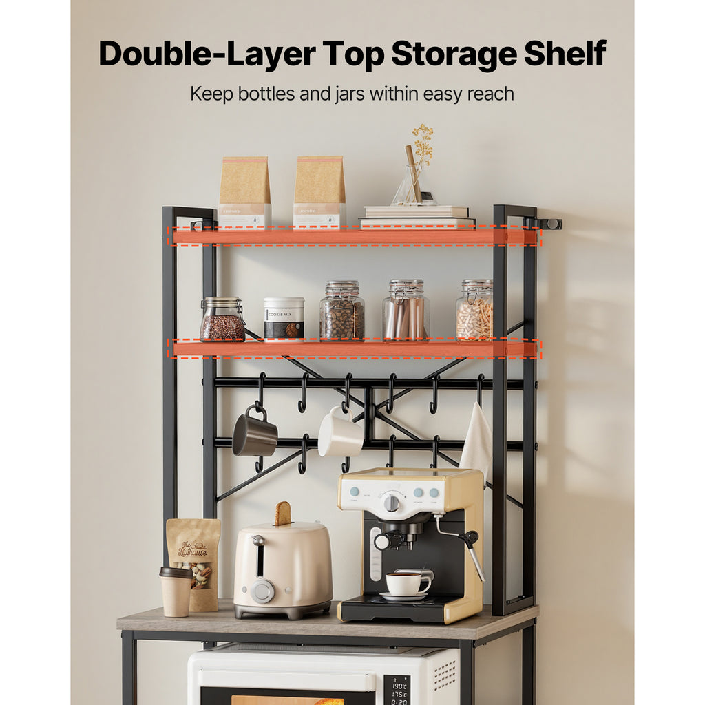 Kitchen Bakers Rack, 23.6 inch Width Bakers Rack, Kitchen Stand with X-Shaped Support Bar, 12 S-Shaped Hooks, Double-Layer Top Shelf, Coffee Bar Stand for Dishes & Bowls, Spice Bottles