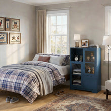 Load image into Gallery viewer, MDF painted Cabinet with Glass Doors and drawer, open storage space, Navy Blue, Bedroom, Living room