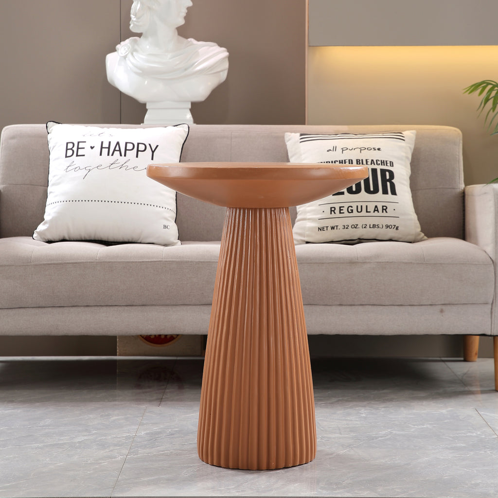 Light Coffee Magnesium Oxide Fluted Base Side Table, 17.72" Diameter Round Accent Table