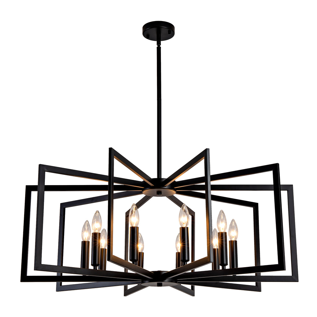 10-Light Metal Lantern Tiered Pendant Hanging Light Fixtures, Industrial Farmhouse Adjustable Height Chandeliers for Dining Room Hallway Foyer Entryway--Matte Black (E26 Bulbs Not Included)
