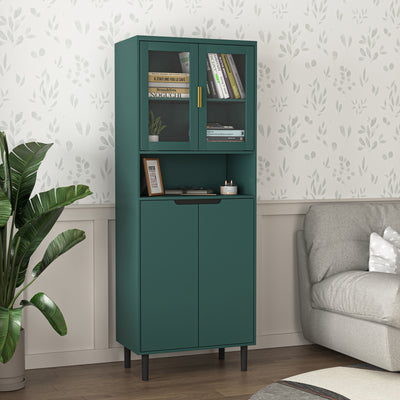 Tempered Glass Door Tall Storage Bookcase with adjustable board, 4 doors MDF painting finished cabinet, Green, Living room Bedroom storage