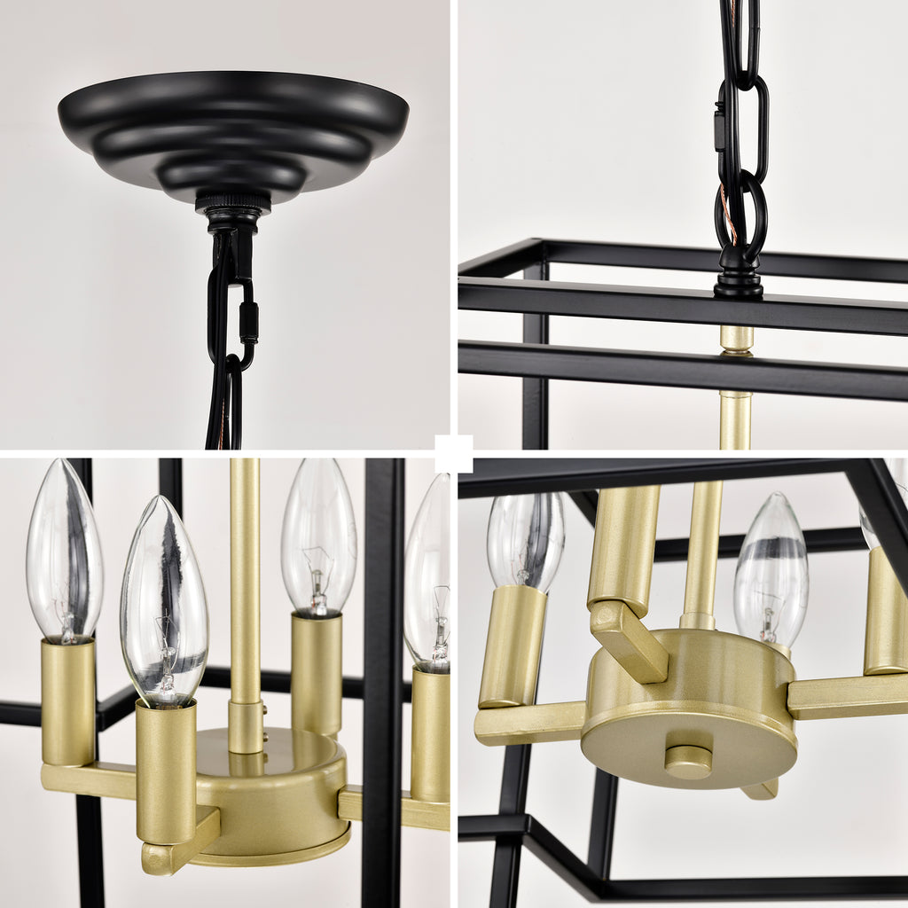 4-Light Metal Lantern Tiered Pendant Hanging Light Fixtures, Industrial Farmhouse Adjustable Height  Chandeliers for Dining Room Hallway Foyer Entryway--Matte Black & Gold (E12 Bulbs Not Included)