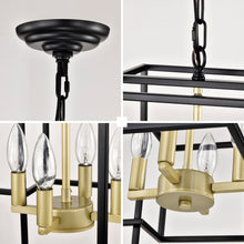 Load image into Gallery viewer, 4-Light Metal Lantern Tiered Pendant Hanging Light Fixtures, Industrial Farmhouse Adjustable Height  Chandeliers for Dining Room Hallway Foyer Entryway--Matte Black &amp; Gold (E12 Bulbs Not Included)