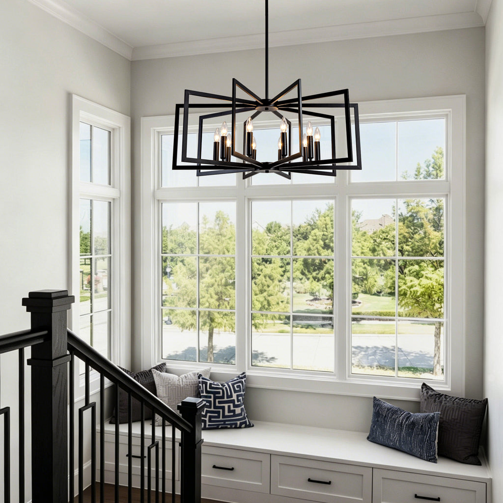 10-Light Metal Lantern Tiered Pendant Hanging Light Fixtures, Industrial Farmhouse Adjustable Height Chandeliers for Dining Room Hallway Foyer Entryway--Matte Black (E26 Bulbs Not Included)
