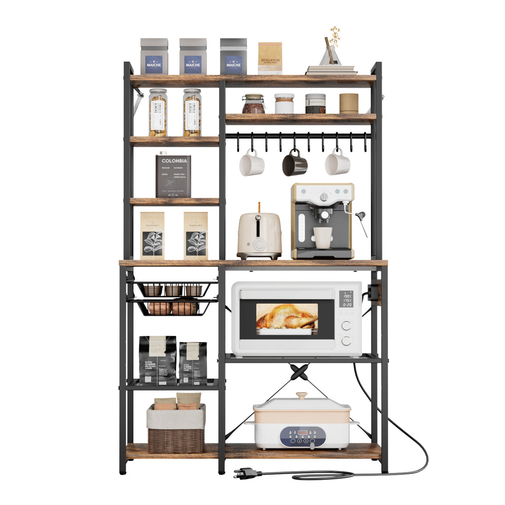 Kitchen Bakers Rack, 5 ft Power Cable Bakers Rack with Power Outlet, Kitchen Stand with X-Shaped Support Bar, 10 S-Shaped Hooks, Coffee Bar Stand for Dishes, Spice Bottles, Built-In Power Strip