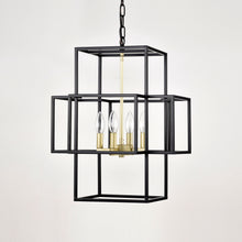 Load image into Gallery viewer, 4-Light Metal Lantern Tiered Pendant Hanging Light Fixtures, Industrial Farmhouse Adjustable Height  Chandeliers for Dining Room Hallway Foyer Entryway--Matte Black &amp; Gold (E12 Bulbs Not Included)