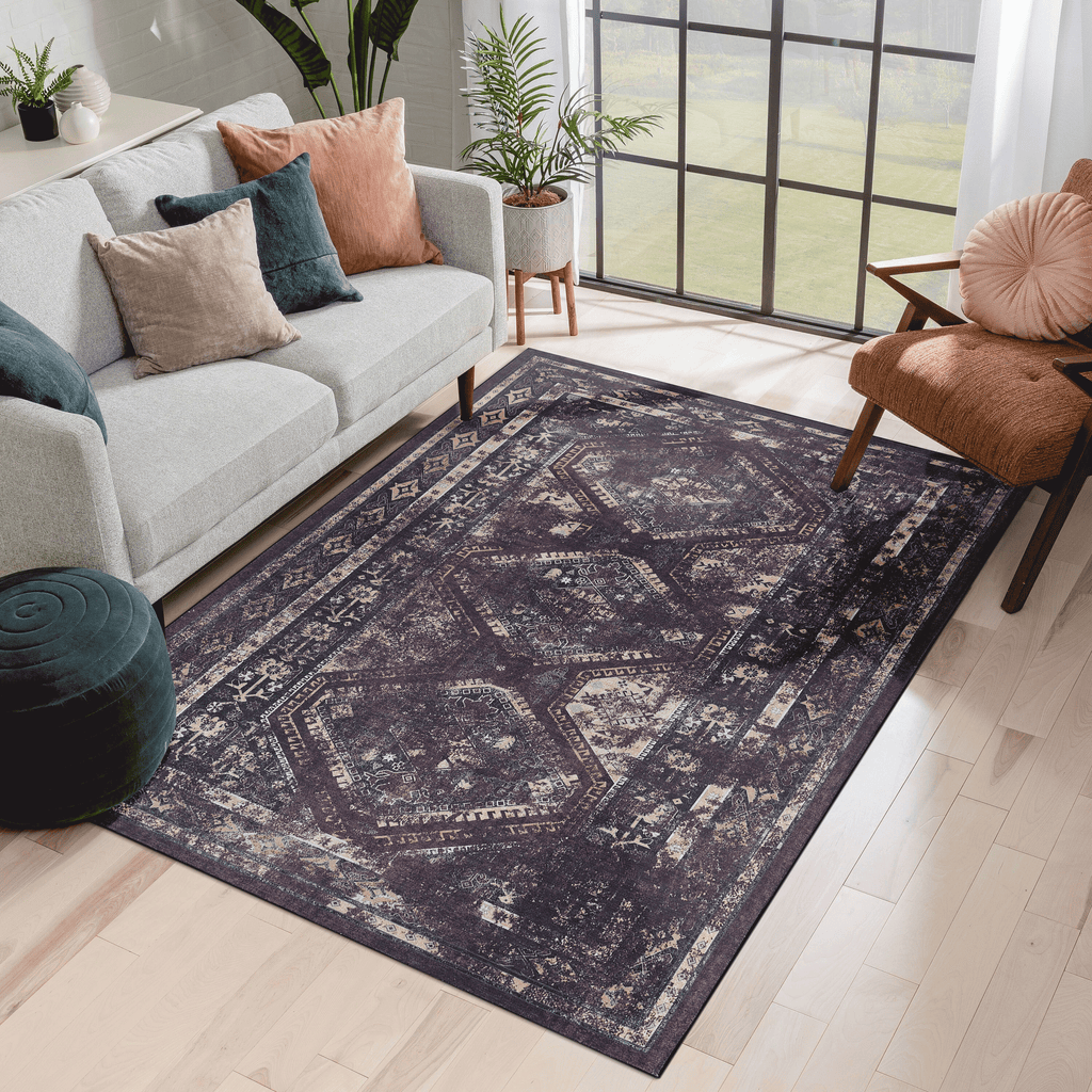 MAVAL Black Washable Rug 2' x 3' Doormat Rug (Black+Burgundy, 2' x 3') Modern, Contemporary, Non-Shedding & Easy to Clean, Ideal for Living Room, Bedroom, Dining Space, 36*24 inch