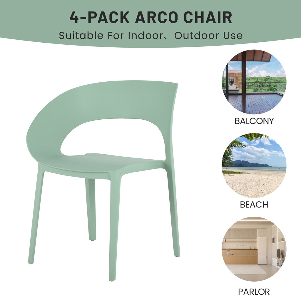 Summer - Haze Green Polypropylene Single-Side Chair - One-Piece Design for Indoor & Outdoor Use,suitable for living rooms, dining rooms, gardens, terraces and other scenarios  (Set of 4)