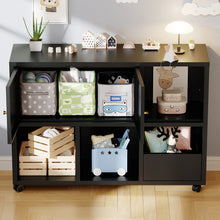 Load image into Gallery viewer, Rolling Toy Storage Cabinet on Wheels - Black Iron Playroom Organizer with Open Cubbies and Closed Cabinets, Sturdy Metal Storage Furniture for Bedroom &amp; Home