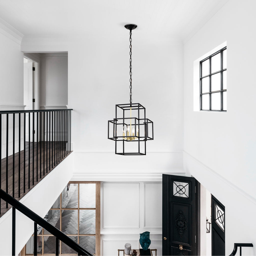 4-Light Metal Lantern Tiered Pendant Hanging Light Fixtures, Industrial Farmhouse Adjustable Height  Chandeliers for Dining Room Hallway Foyer Entryway--Matte Black & Gold (E12 Bulbs Not Included)