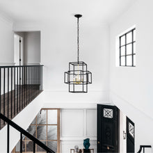Load image into Gallery viewer, 4-Light Metal Lantern Tiered Pendant Hanging Light Fixtures, Industrial Farmhouse Adjustable Height  Chandeliers for Dining Room Hallway Foyer Entryway--Matte Black &amp; Gold (E12 Bulbs Not Included)