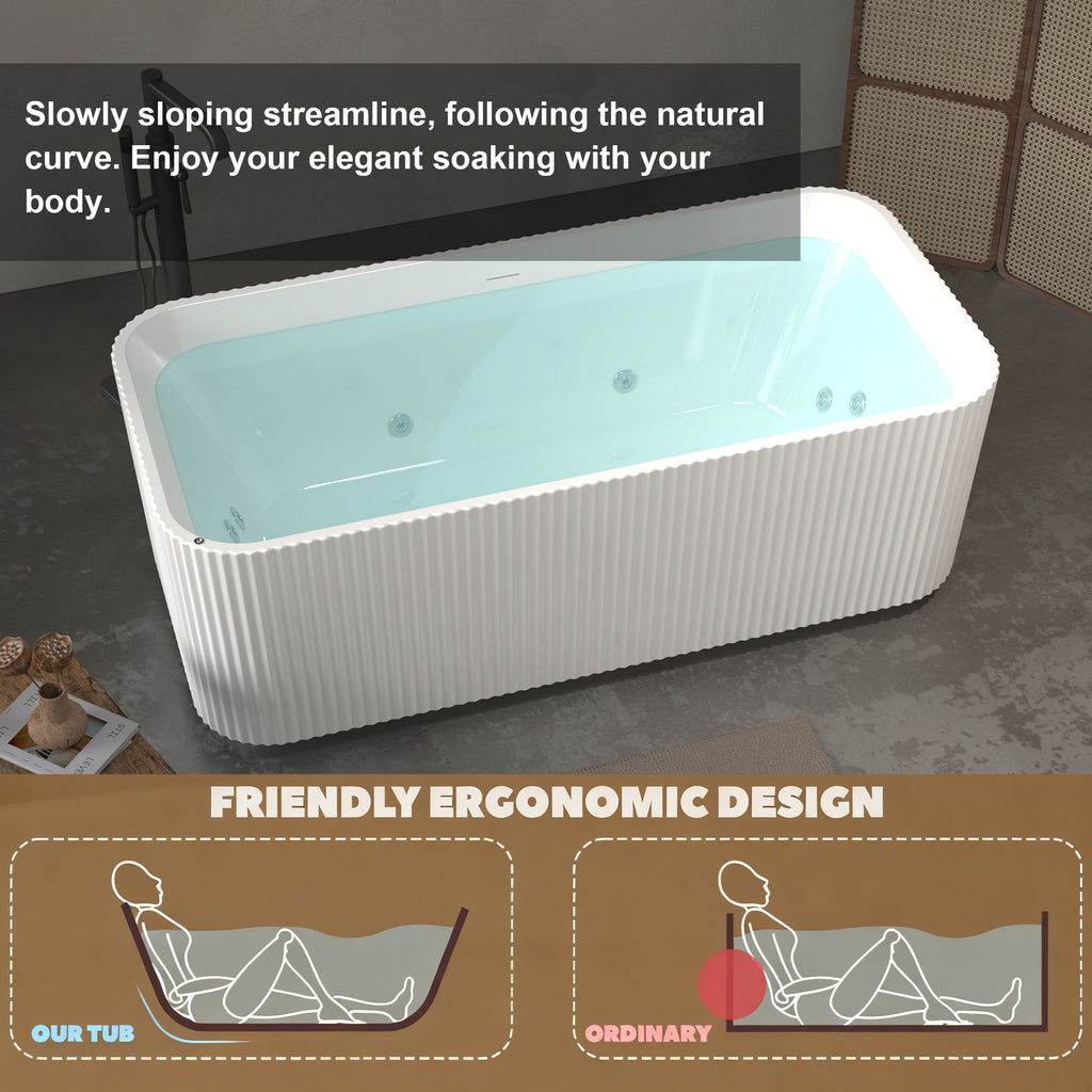67" Rectangle Linear Acrylic Massage Whirlpool Bathtub Freestanding Bathtub Stand Alone Soaker Tub, Glossy White Acrylic, POP-UP Chrome Drain, cUPC Certified