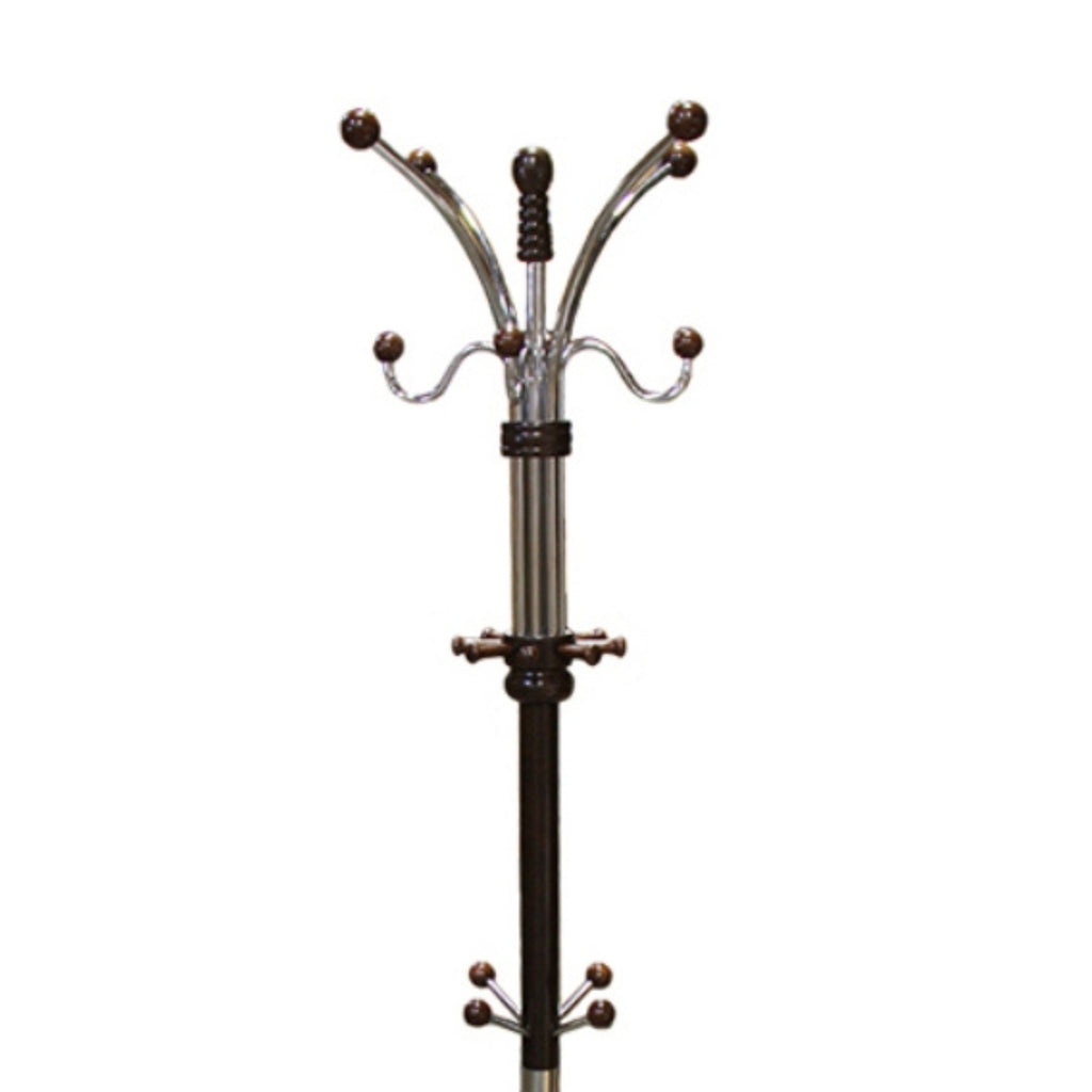 73" Tall Chrome and Wood Coat Rack, Espresso finish