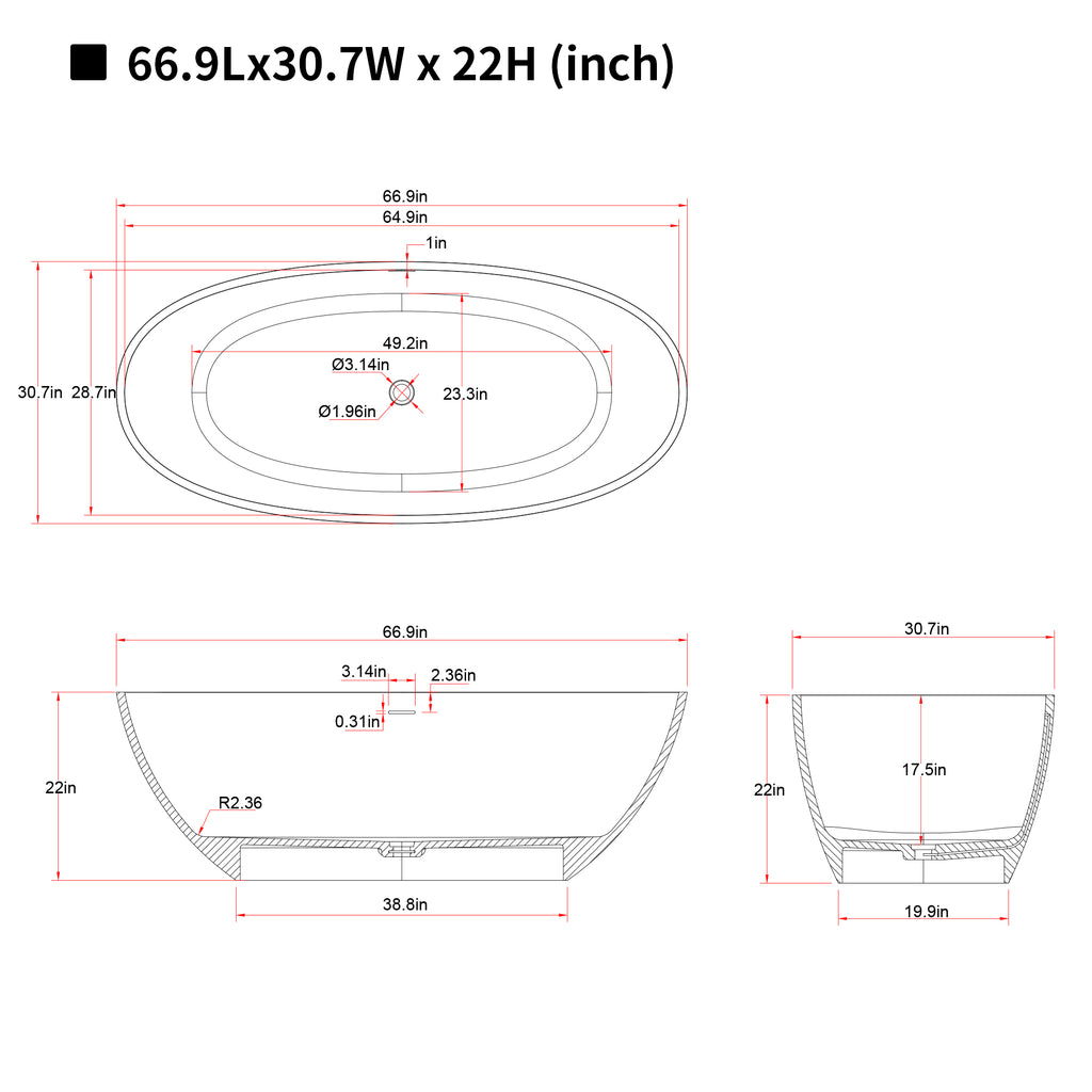 67'' Freestanding Bathtub Resin Stone Soaking Bathtub Solid Surface Modern Tubs with Overflow and Pop-up Drain