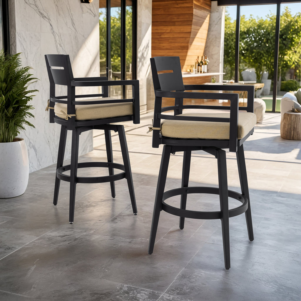 Modern Outdoor 2-Piece Swivel Bar Chairs – Aluminum Frame with Ember Black, 360° Swivel, Ergonomic Backrest & Armrests, Tapered Legs, Sunbrella Cushion, Weather-Resistant & Durable Patio Bar Stool