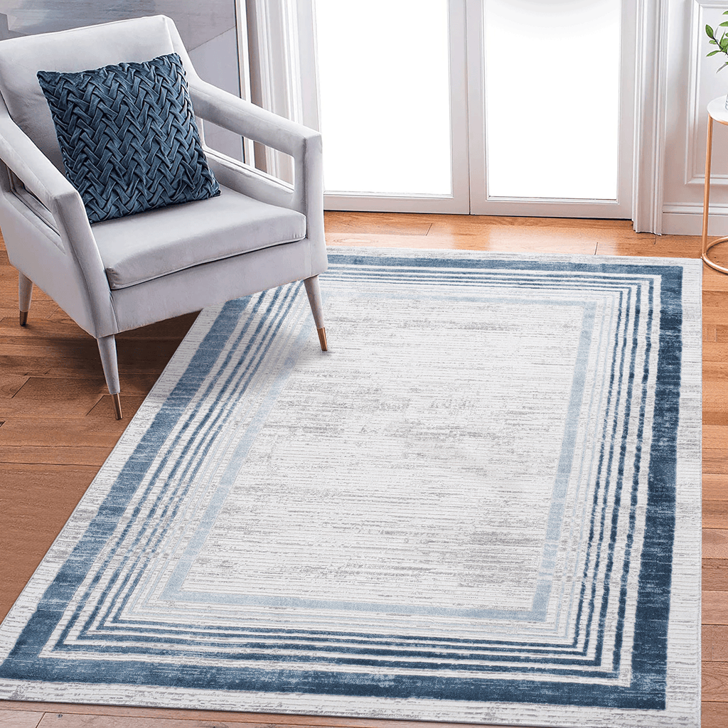 MARFI Collection 2.X3. Blue / Ivory / Bordered Doormat Rug Modern, Contemporary, Non-Shedding & Easy to Clean, Ideal for Living Room, Bedroom, Dining Space, 36*24 inch