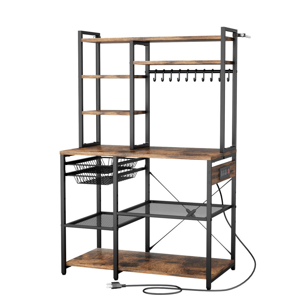 Kitchen Bakers Rack, 5 ft Power Cable Bakers Rack with Power Outlet, Kitchen Stand with X-Shaped Support Bar, 10 S-Shaped Hooks, Coffee Bar Stand for Dishes, Spice Bottles, Built-In Power Strip