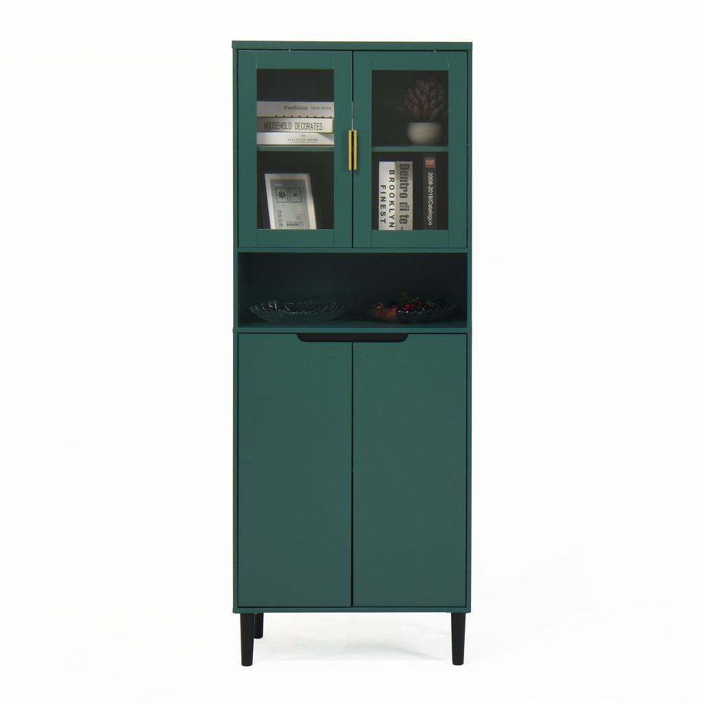 Tempered Glass Door Tall Storage Bookcase with adjustable board, 4 doors MDF painting finished cabinet, Green, Living room Bedroom storage