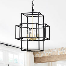 Load image into Gallery viewer, 4-Light Metal Lantern Tiered Pendant Hanging Light Fixtures, Industrial Farmhouse Adjustable Height  Chandeliers for Dining Room Hallway Foyer Entryway--Matte Black &amp; Gold (E12 Bulbs Not Included)