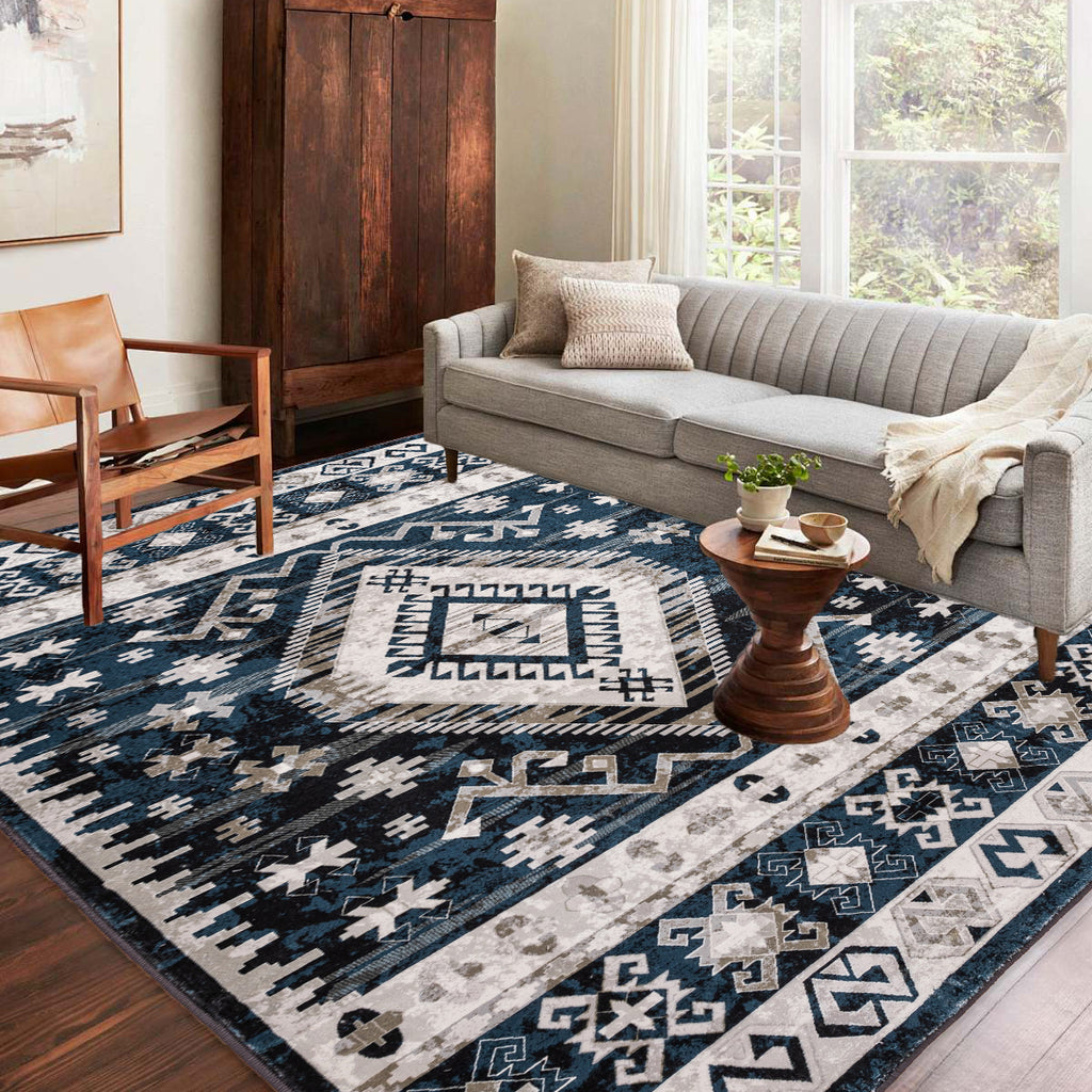 Area Rug 6x9 Vintage Bohemia Large Persian Non-slip Washable Rug For Living Room Kitchen Bedroom Living Room Geometry Blue/Black