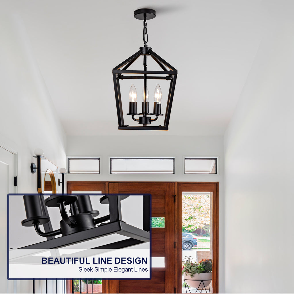 Farmhouse Lantern Chandelier 3-Light, Industrial Black Ceiling Light Fixture with Rustic Open Cage and Adjustable Hanging Height, E12 Base for Kitchen Island, Dining Room, Entryway, Foyer