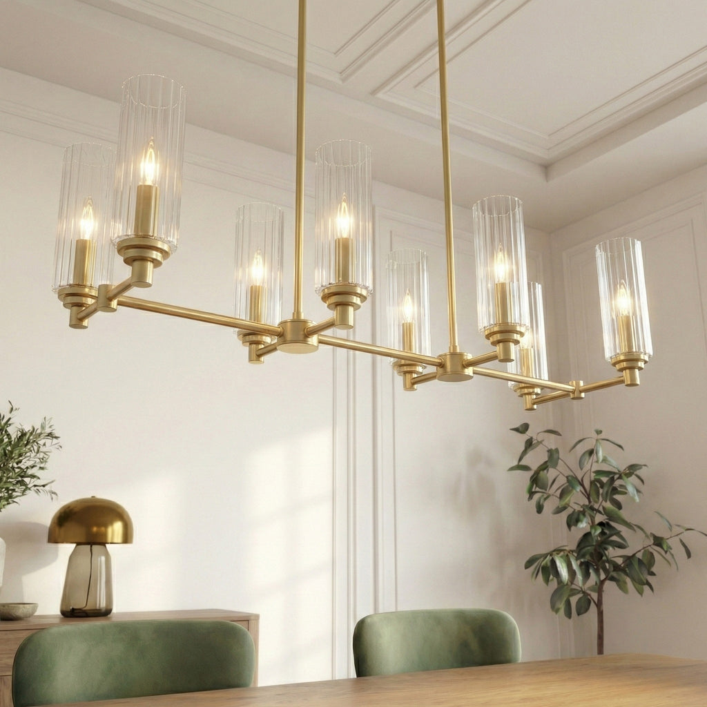Willow Eight Lights Island With Clear Ribbed Glass Pendant Lamp - Satin Brass