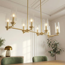 Load image into Gallery viewer, Willow Eight Lights Island With Clear Ribbed Glass Pendant Lamp - Satin Brass