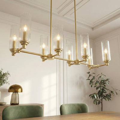 Willow Eight Lights Island With Clear Ribbed Glass Pendant Lamp - Satin Brass