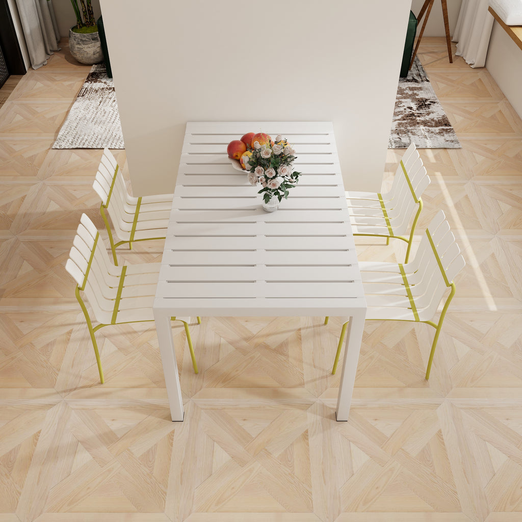 Summer - 4-Pack Modern Striped Color Block Chairs - Waterproof PP Seat & Sturdy Metal Legs, Indoor/Outdoor Dining Set for Patio, Balcony, Café (White & Yellow)
