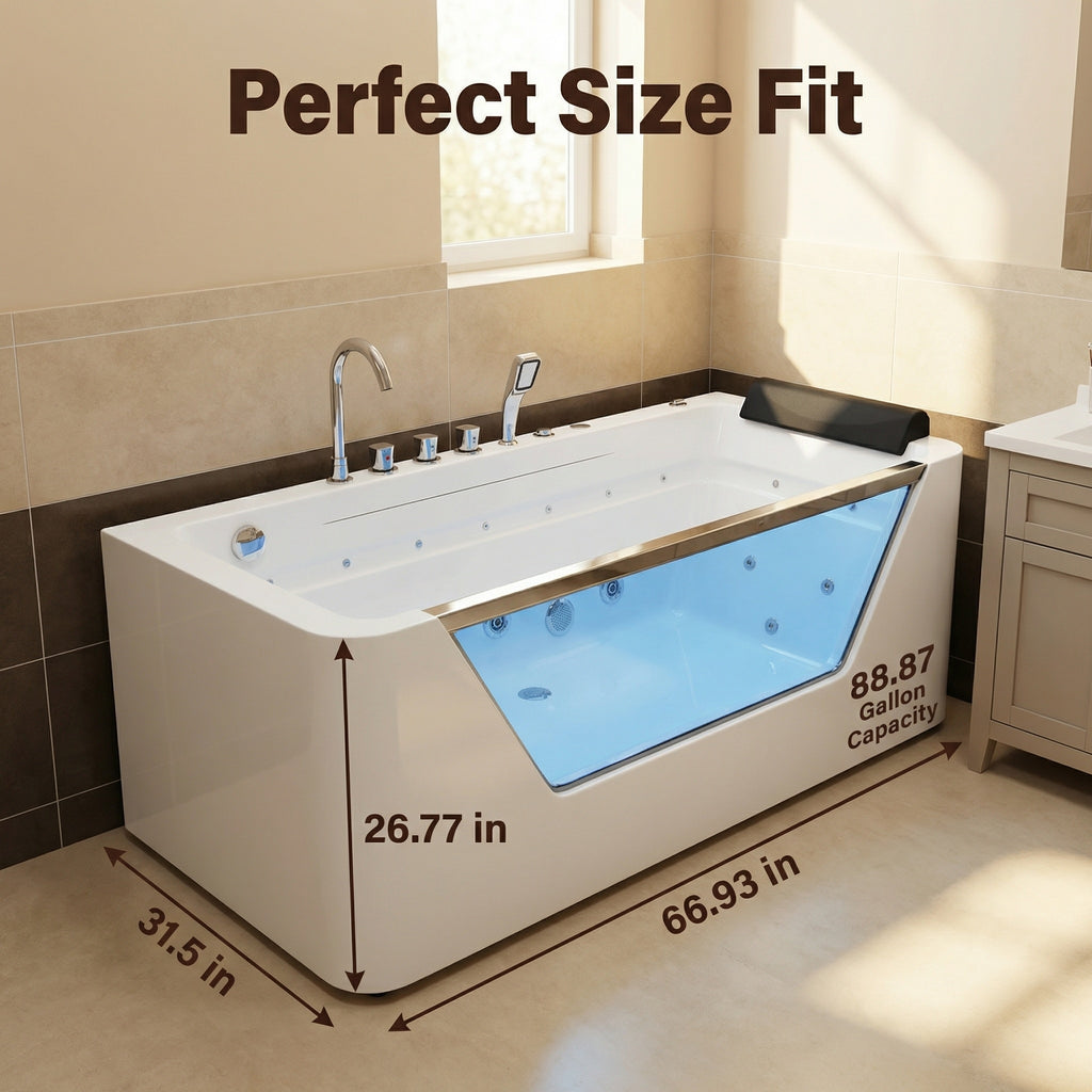 67" Whirlpool Bathtub ,Hydrotherapy Jetted Bathtub with Glass Panel, 7 Jets,3-Side Apron,89 Gallons,White