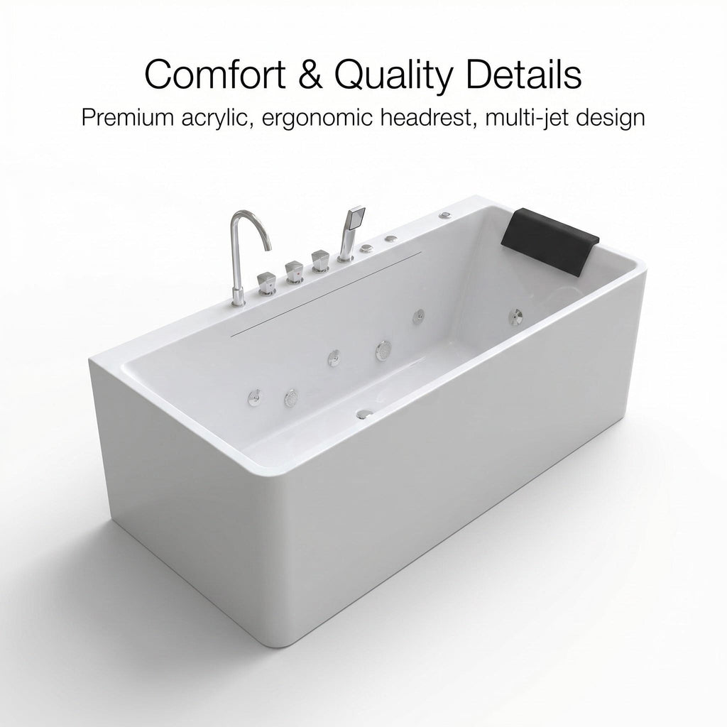 67-inch single-person luxury whirlpool bathtub, equipped with multiple sets of massage nozzles, featuring a dazzling light therapy atmosphere, and certified with precision craftsmanship accessories