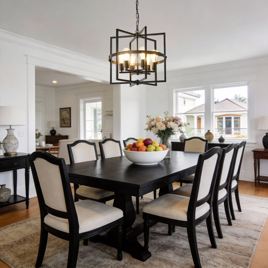 10-Light Metal Lantern Tiered Pendant Hanging Light Fixtures, Industrial Farmhouse Adjustable Height Chandeliers for Dining Room Hallway Foyer Entryway--Matte Black (E26 Bulbs Not Included)