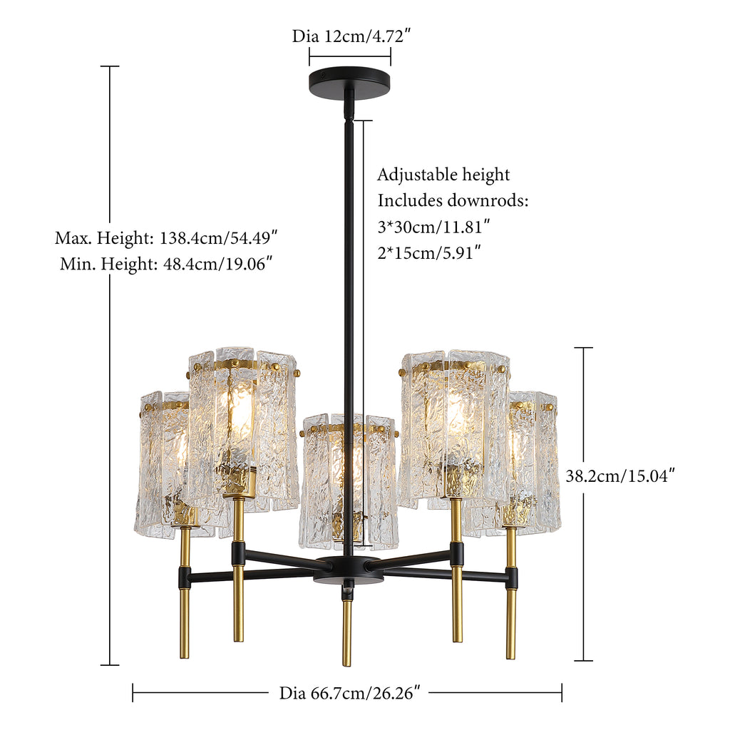 Modern 5-Light Black and Gold Chandelier, Textured Glass Pendant Light with Electroplated Gold Finish for Living Room Dining Room Not Including the Bulb