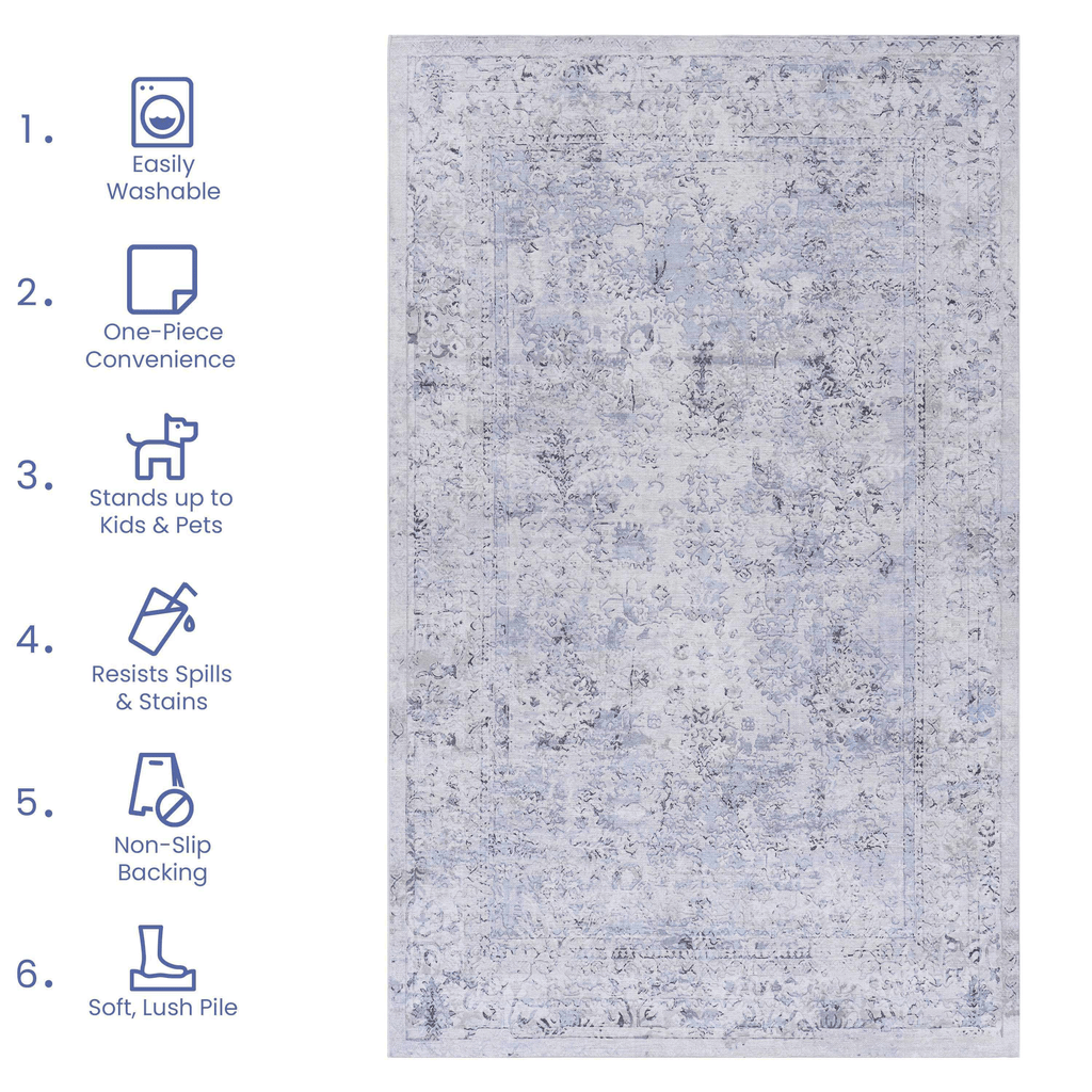 MAVAL Blue Washable Rug 2' x 3' Doormat Rug (Blue+Cream, 2' x 3') Modern, Contemporary, Non-Shedding & Easy to Clean, Ideal for Living Room, Bedroom, Dining Space, 36*24 inch