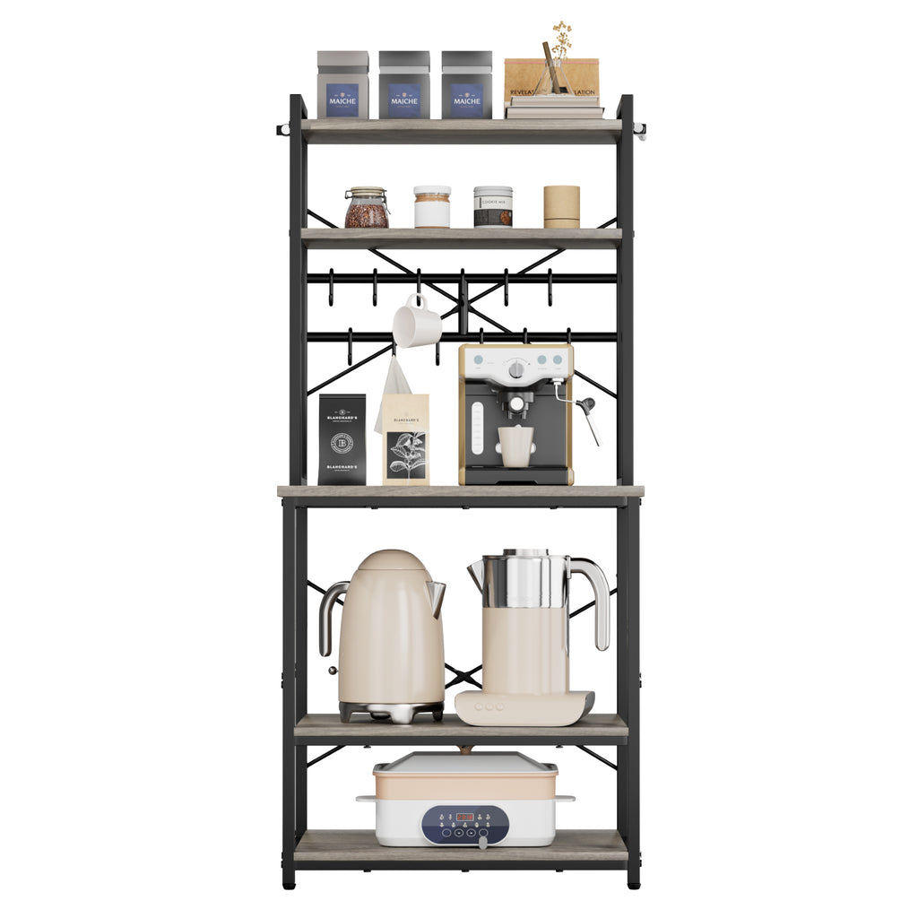 Kitchen Bakers Rack, 23.6 inch Width Bakers Rack, Kitchen Stand with X-Shaped Support Bar, 12 S-Shaped Hooks, Double-Layer Top Shelf, Coffee Bar Stand for Dishes & Bowls, Spice Bottles