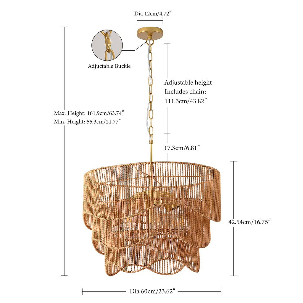 Handwoven Paper Rattan Boho Chandelier with 7-Light E26 Base, 60cm Adjustable Height Wave Pendant Light for Living Room, Sloped Ceiling Compatible, Sturdy Metal Hardware, Warm Glow for Dining Room