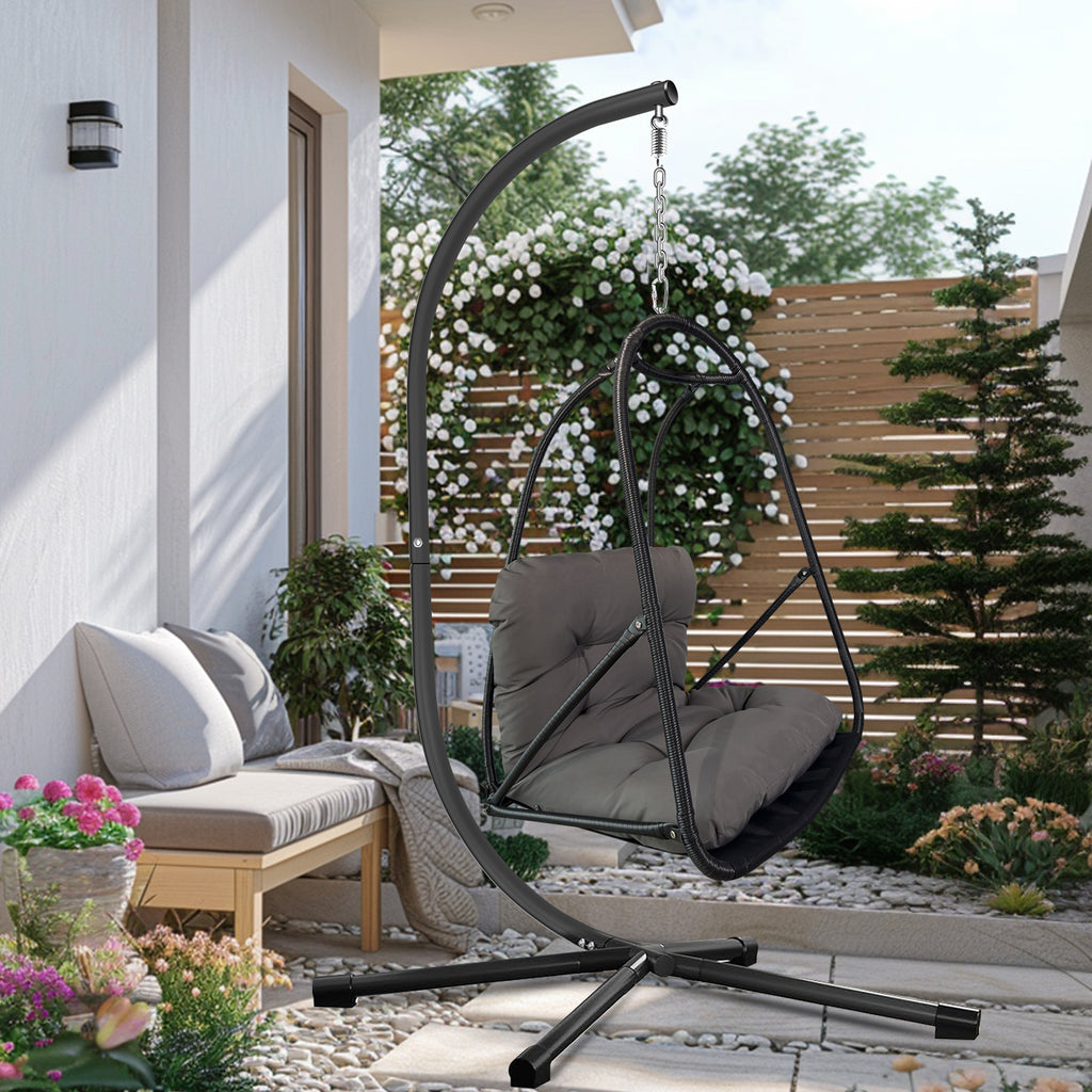 Swing Egg Chair with Stand Indoor Outdoor Wicker Rattan Patio Basket Hanging Chair with C Type bracket , with cushion and pillow,Patio Wicker folding Hanging Chair( Special construction cup holder
