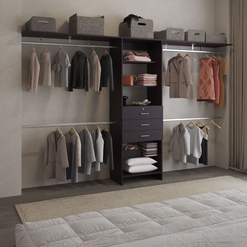 Plego 69"W - 118"W Drawers Closet System, Five Shelves, Four Hanging Rods, Three Drawers -Dark Walnut