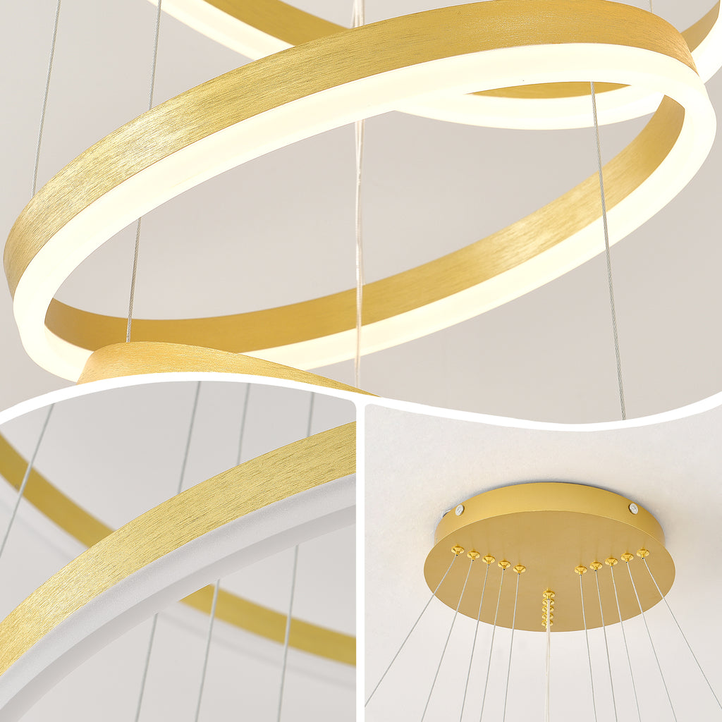 Modern Gold Led Chandelier 3 Rings Gold Dimmable  LED Chandeliers Light Fixture for Kitchen Island Height Adjustable Chandelier Led Pendant Light for Dining Room Bedroom Living Room