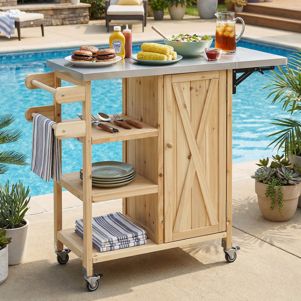 Outdoor Kitchen Island Fir Wood Prep Station Lockable Kitchen Cart with Stainless Top, Ample Storage Space, Towel and Spice Racks for Patio and Outdoor, White