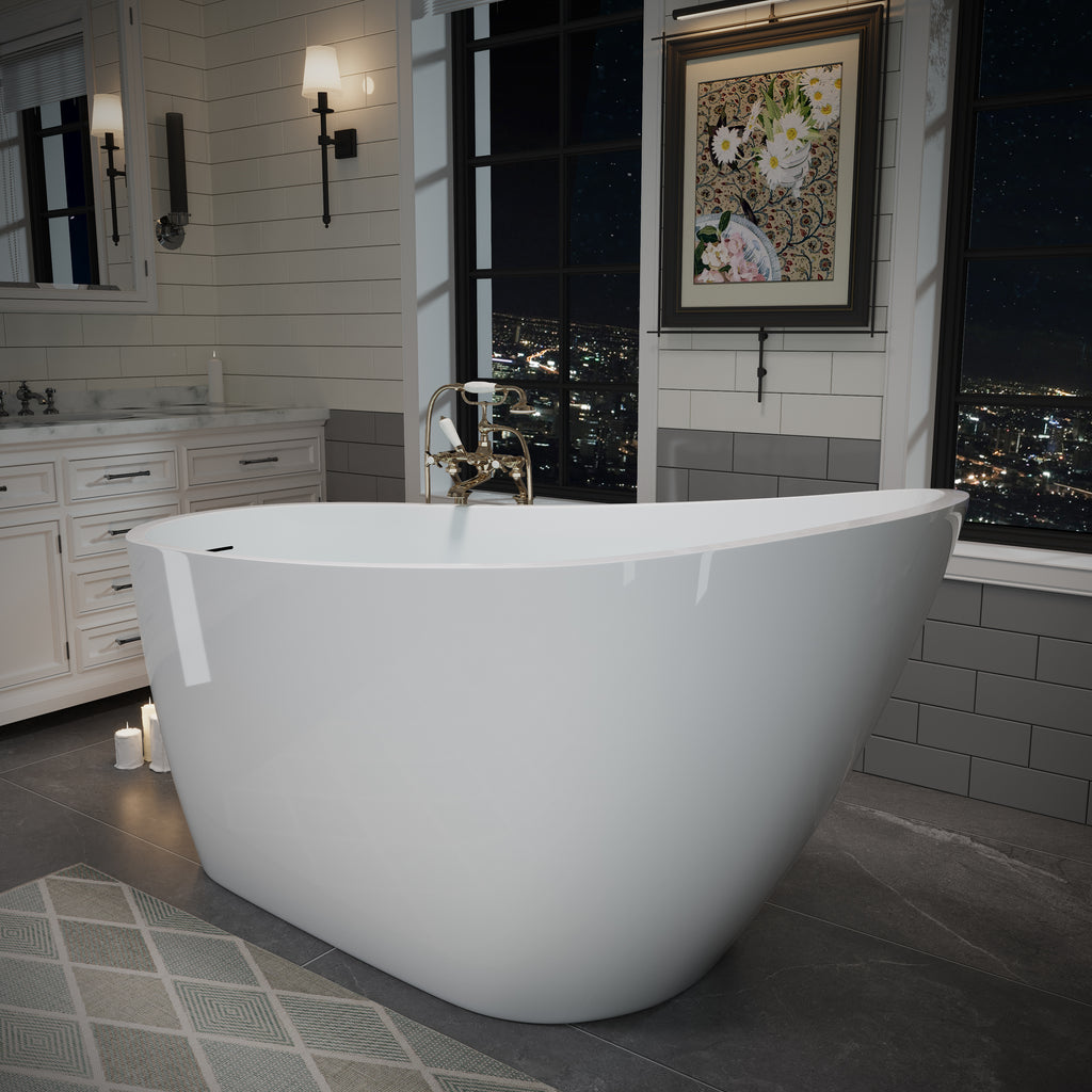 55" Acrylic Freestanding Bathtub, Deep Soaking Contemporary Stand Alone Bath Tub with Pop-up Drain & Integrated Overflow, Chrome-Finish Drain Cover, Glossy White GF-26A04-55