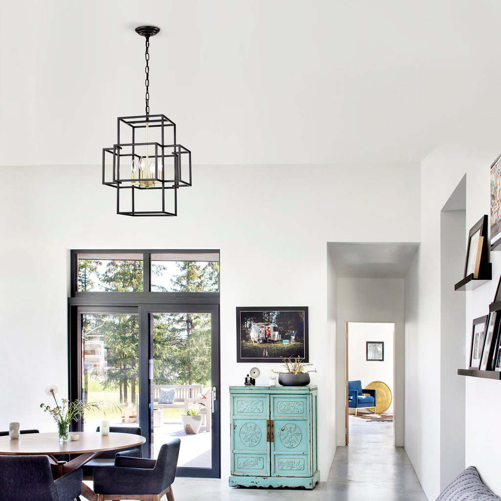 4-Light Metal Lantern Tiered Pendant Hanging Light Fixtures, Industrial Farmhouse Adjustable Height  Chandeliers for Dining Room Hallway Foyer Entryway--Matte Black & Gold (E12 Bulbs Not Included)