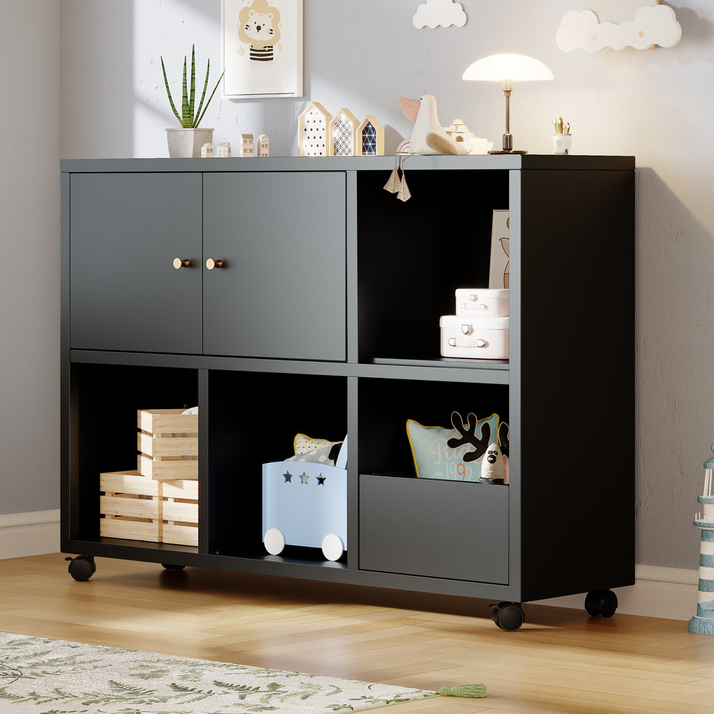 Rolling Toy Storage Cabinet on Wheels - Black Iron Playroom Organizer with Open Cubbies and Closed Cabinets, Sturdy Metal Storage Furniture for Bedroom & Home
