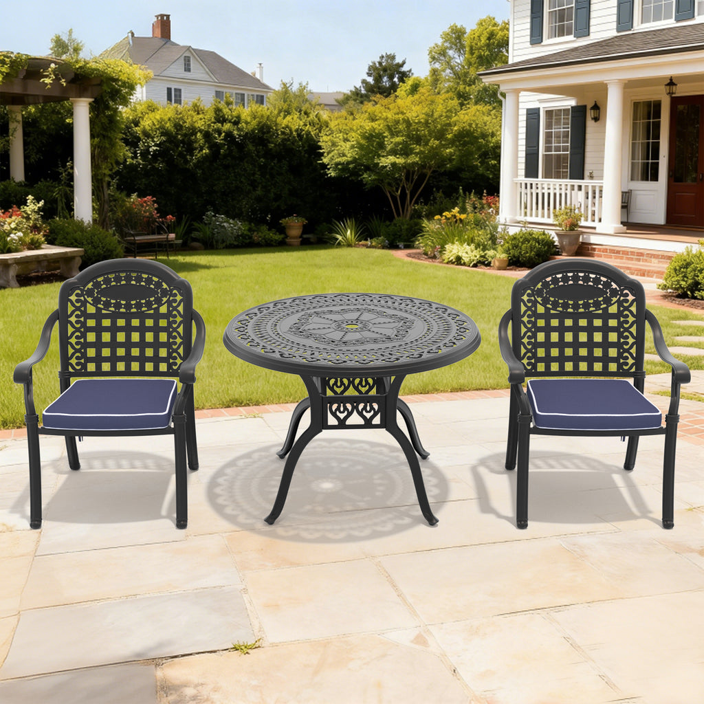 Ø39.37-inch Cast Aluminum Patio Dining Table With Black Frame and Umbrella Hole (same sku: W171084477)